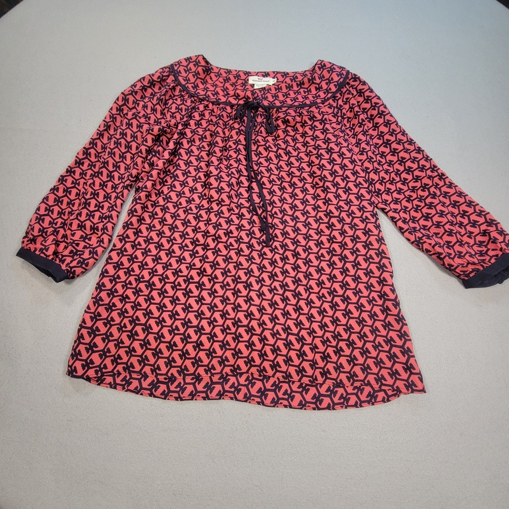 Vineyard Vines Silk Tunic Top Pink Navy Tie Neck Blouse Womens XS Preppy Coastal - Picture 2 of 7